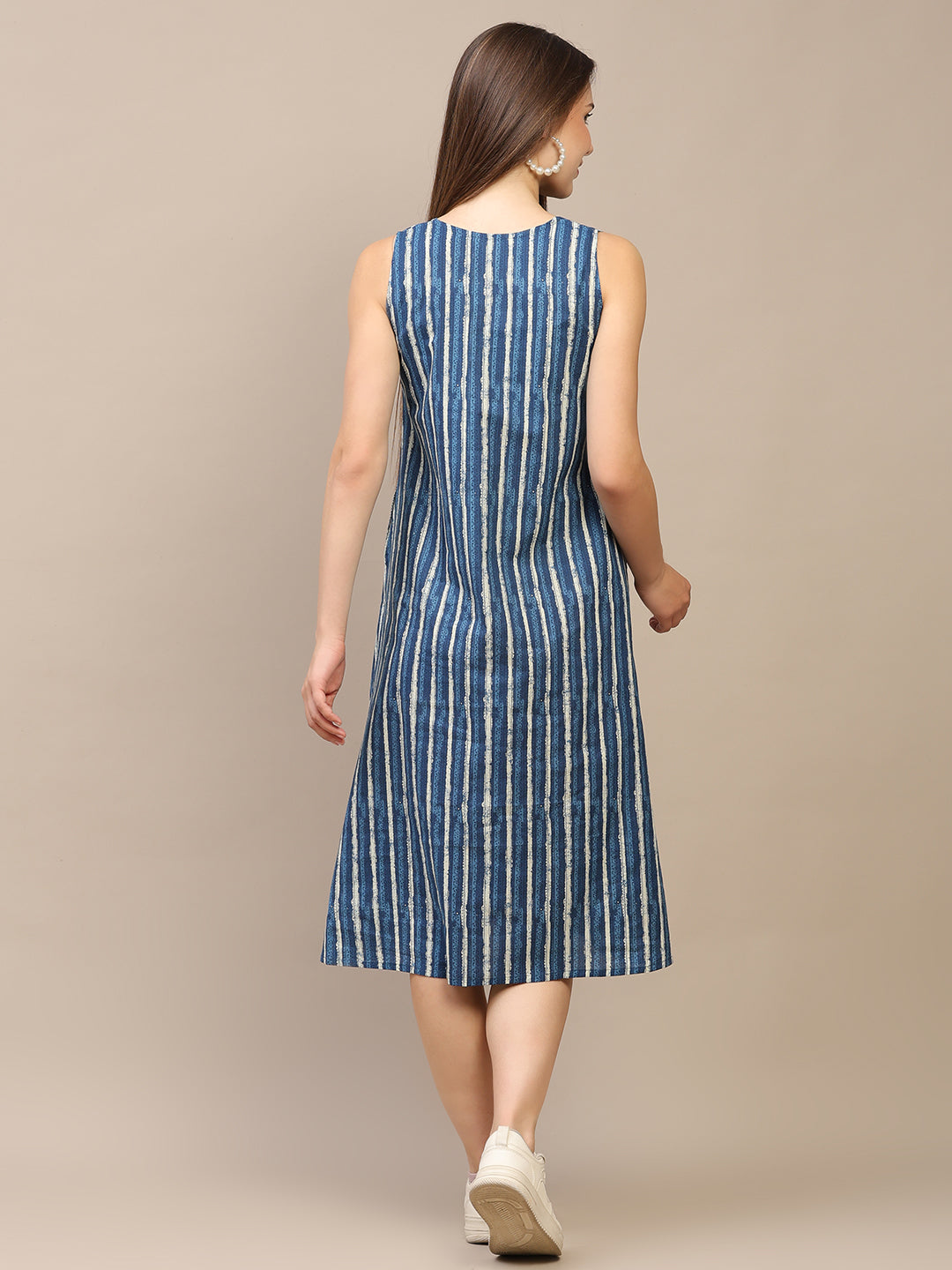 Blue Printed V-Neck Sleeveless A-Line Cotton Dress