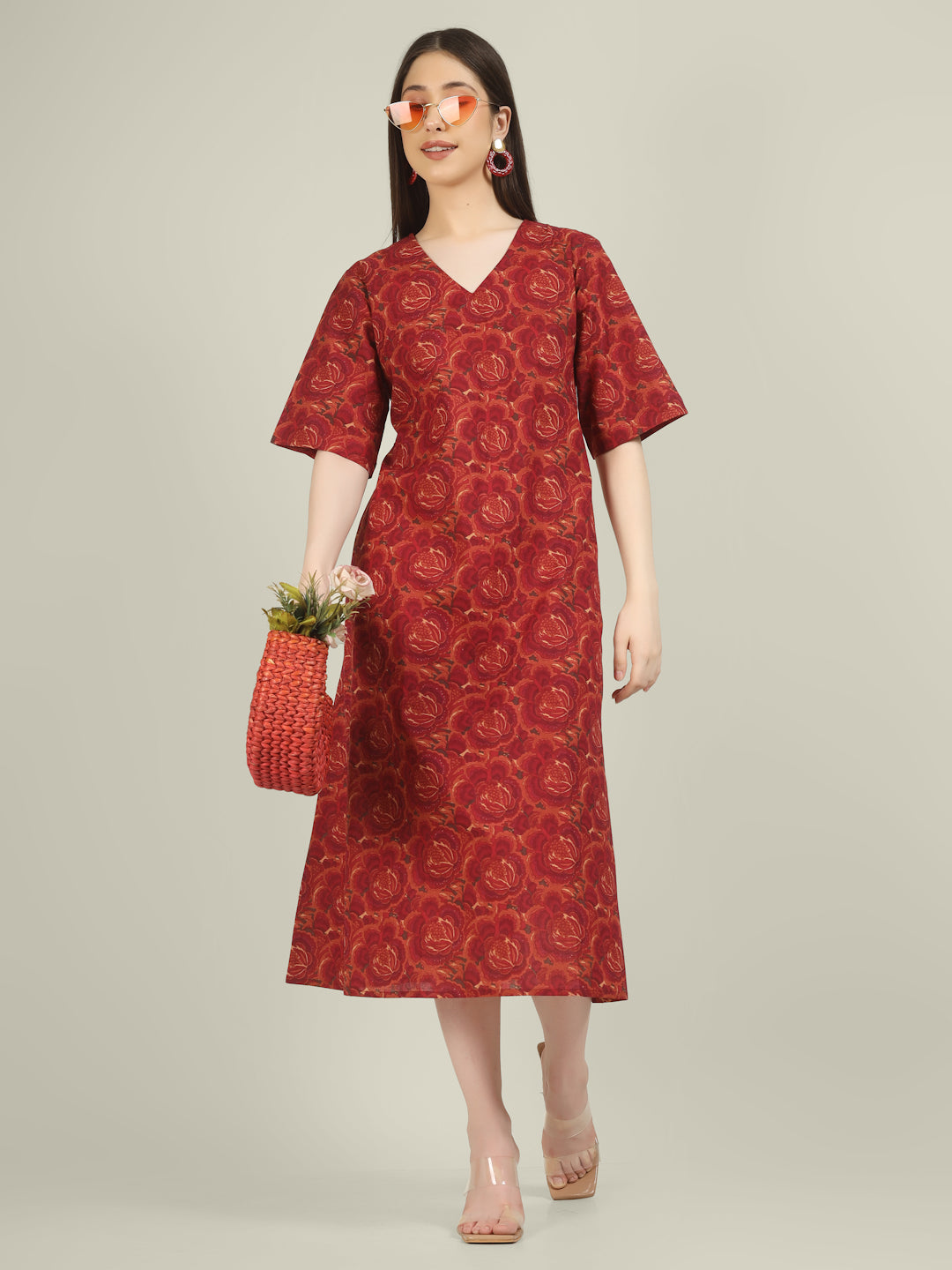 Pink Printed Half-Sleeve A-Line Cotton Dress
