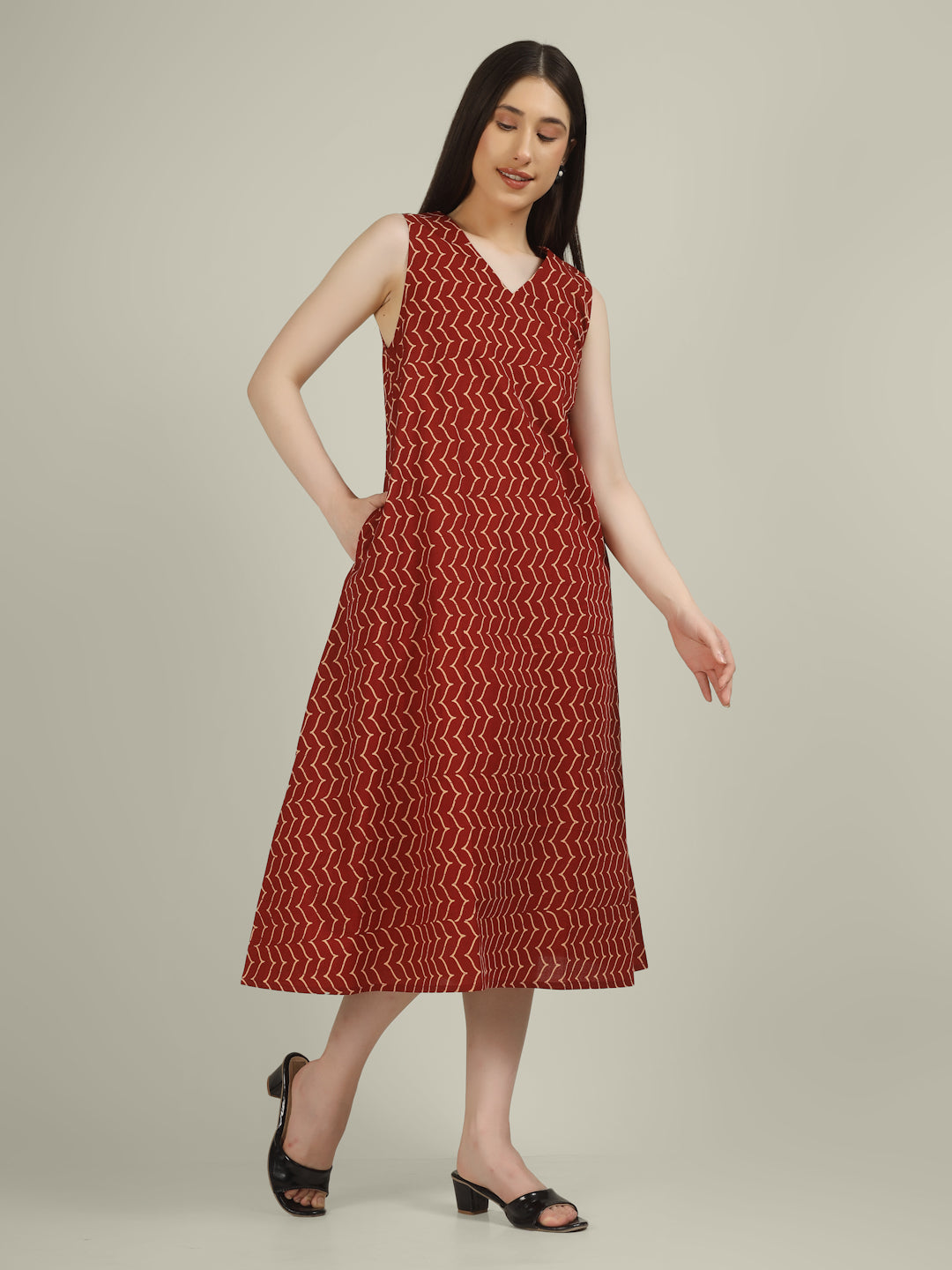 Rust Printed V-Neck Sleeveless A-Line Cotton Dress