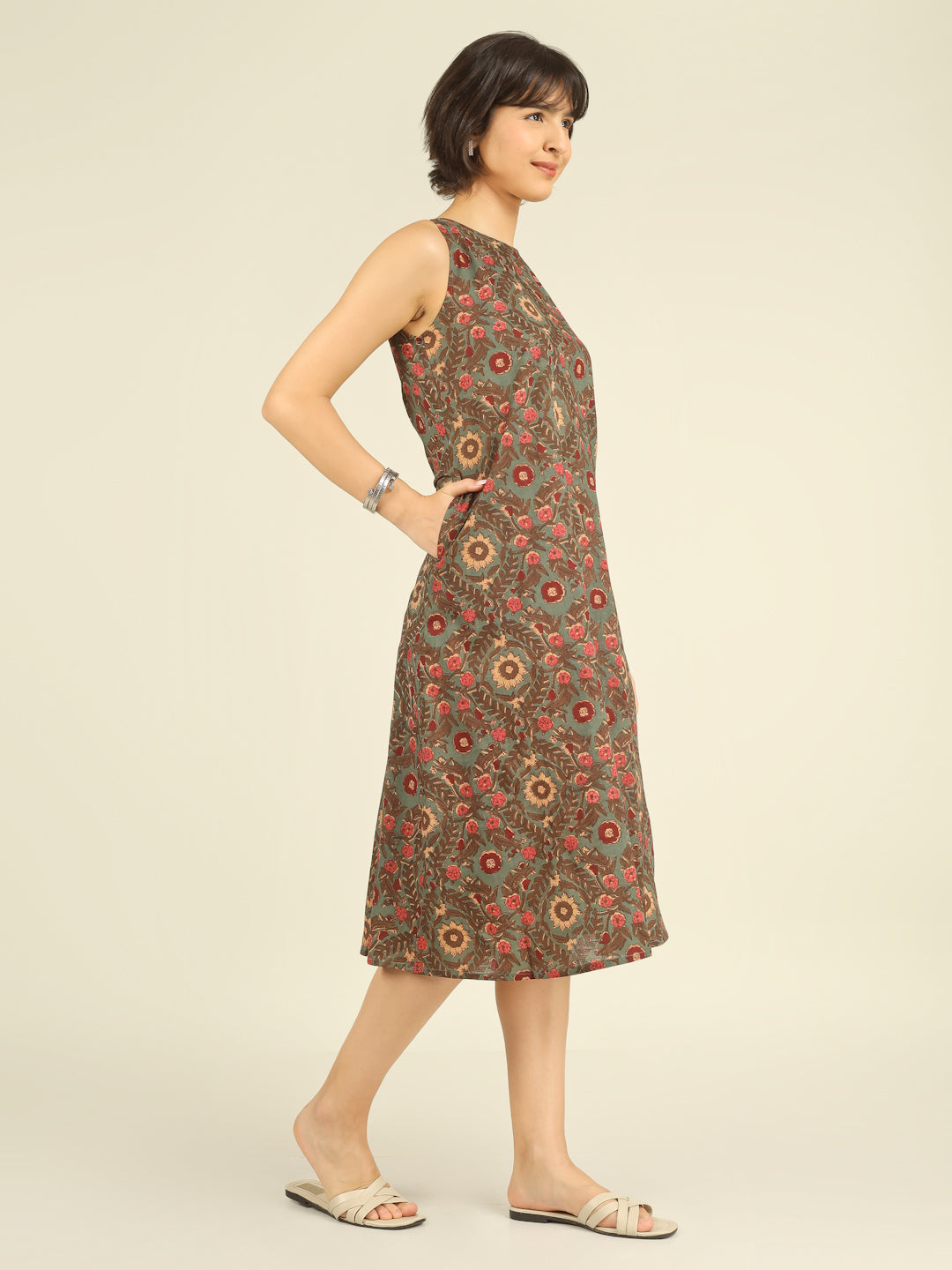 Green Printed Sleeveless A-Line Cotton Dress