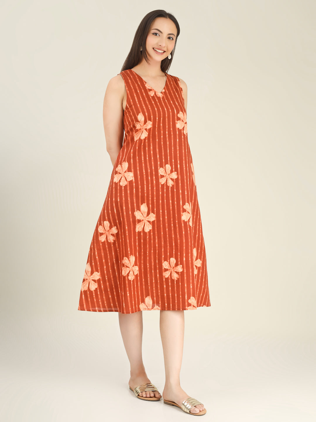 Orange Printed Sleeveless V-Neck A-Line Cotton Dress