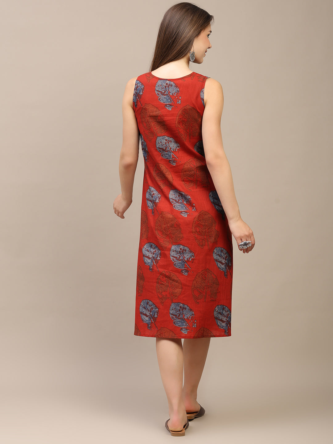 Red Printed V-Neck Sleeveless A-Line Cotton Dress