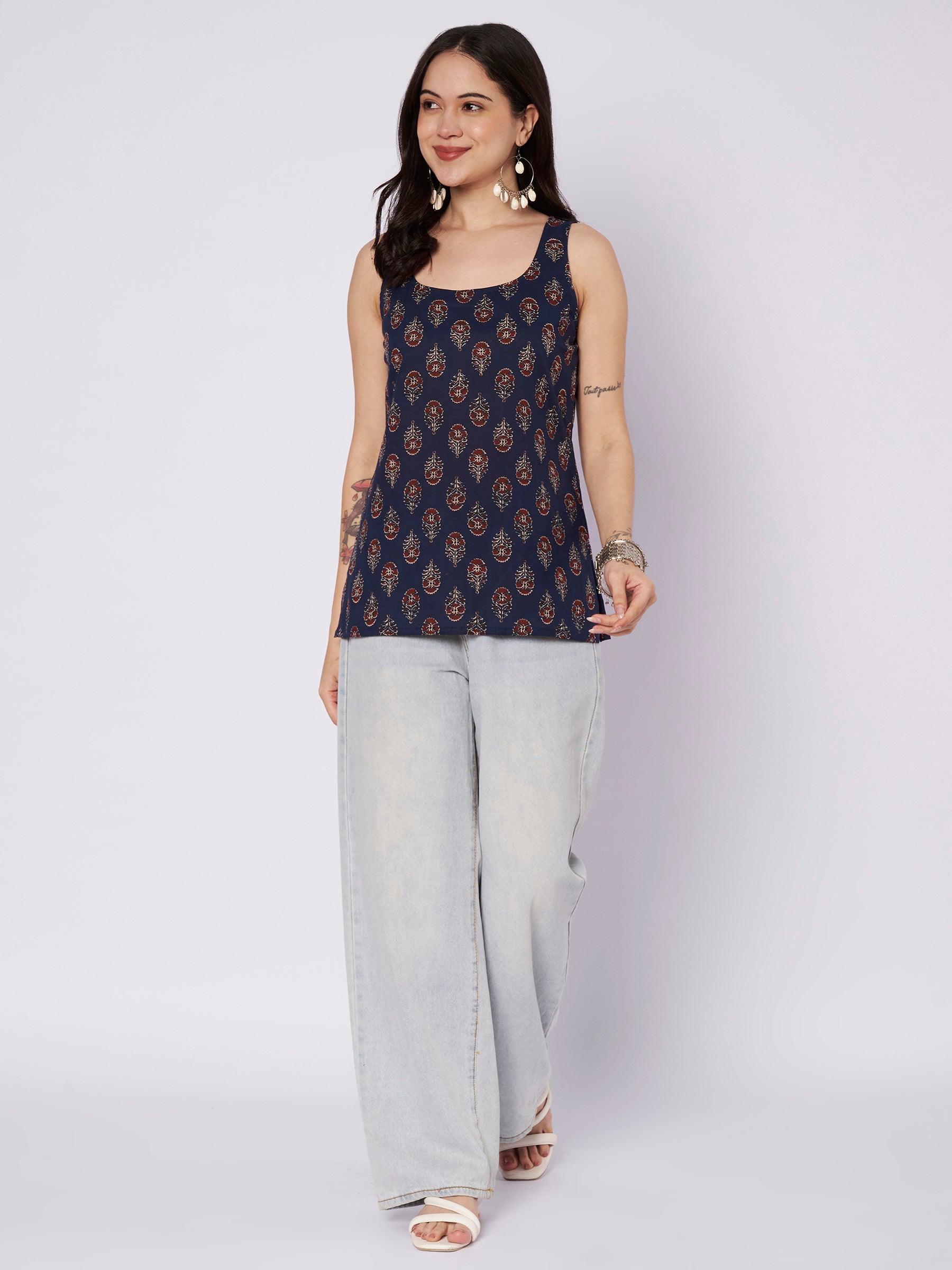Navy Blue Printed Sleeveless Cotton Top