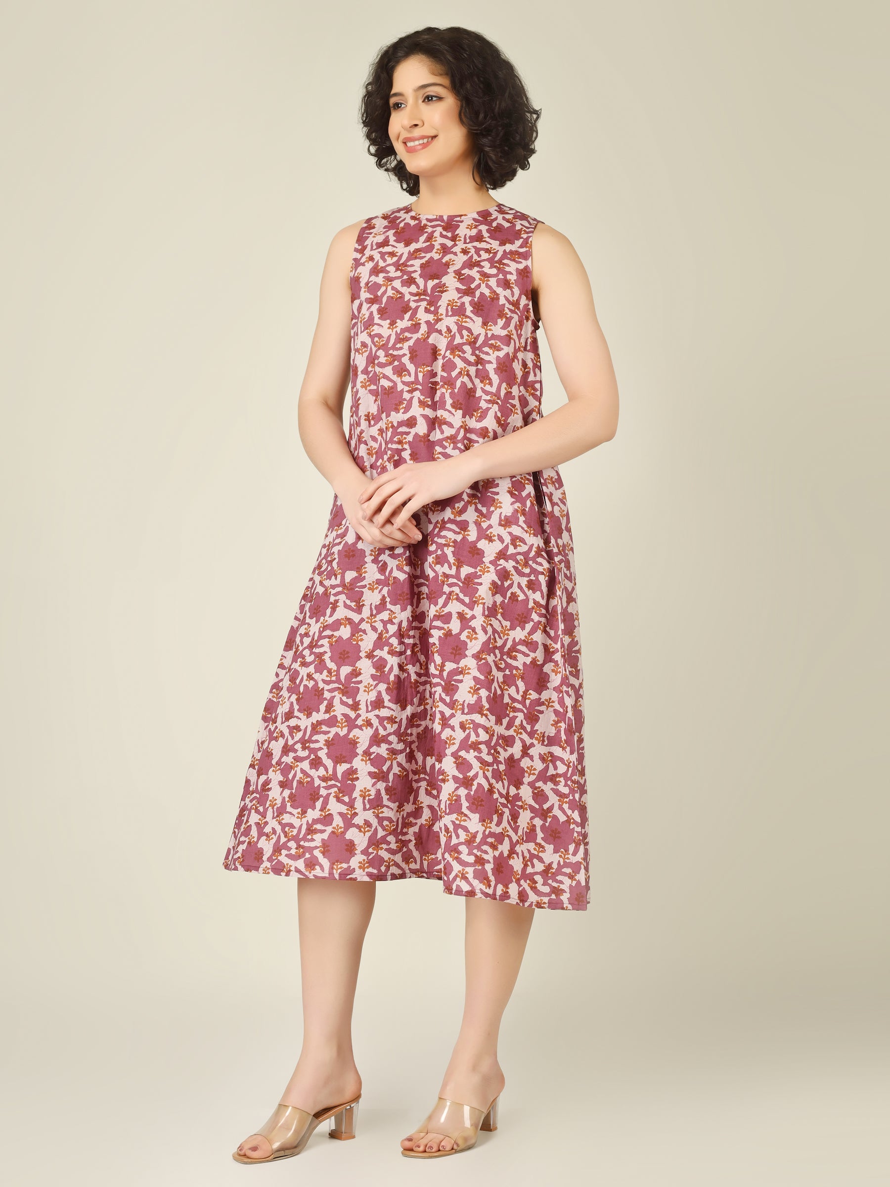 White Printed Sleeveless A-Line Cotton Dress