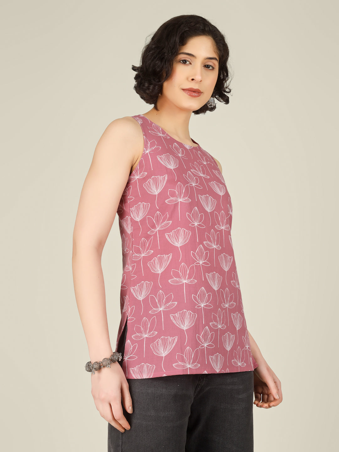 Pink Printed Round Neck Sleeveless Cotton Top