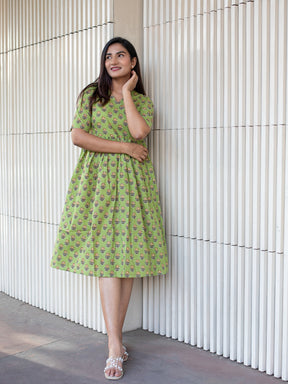 Green Printed Flared Cotton Dress