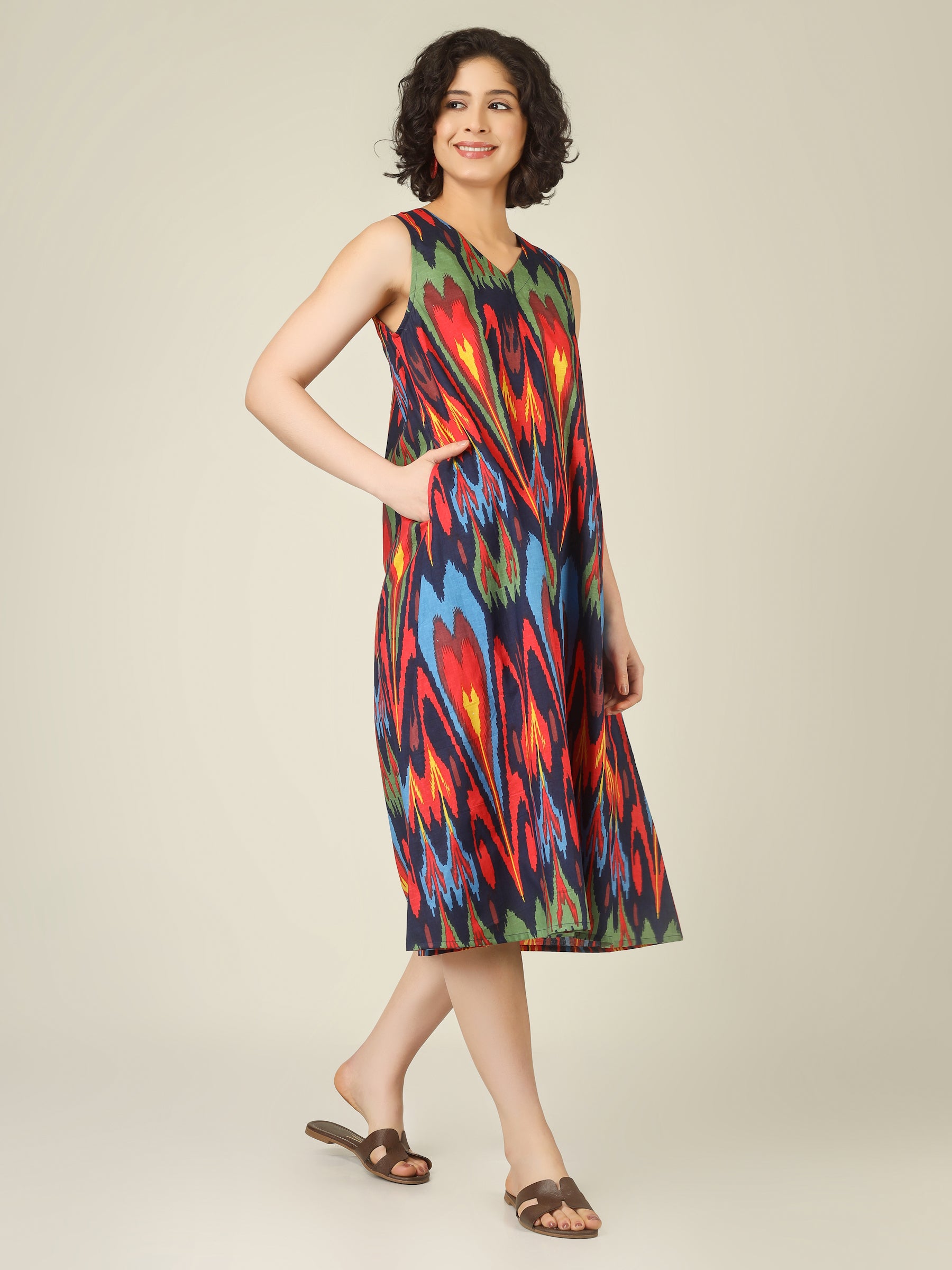 Navy Blue Printed V-Neck Sleeveless A-Line Cotton Dress