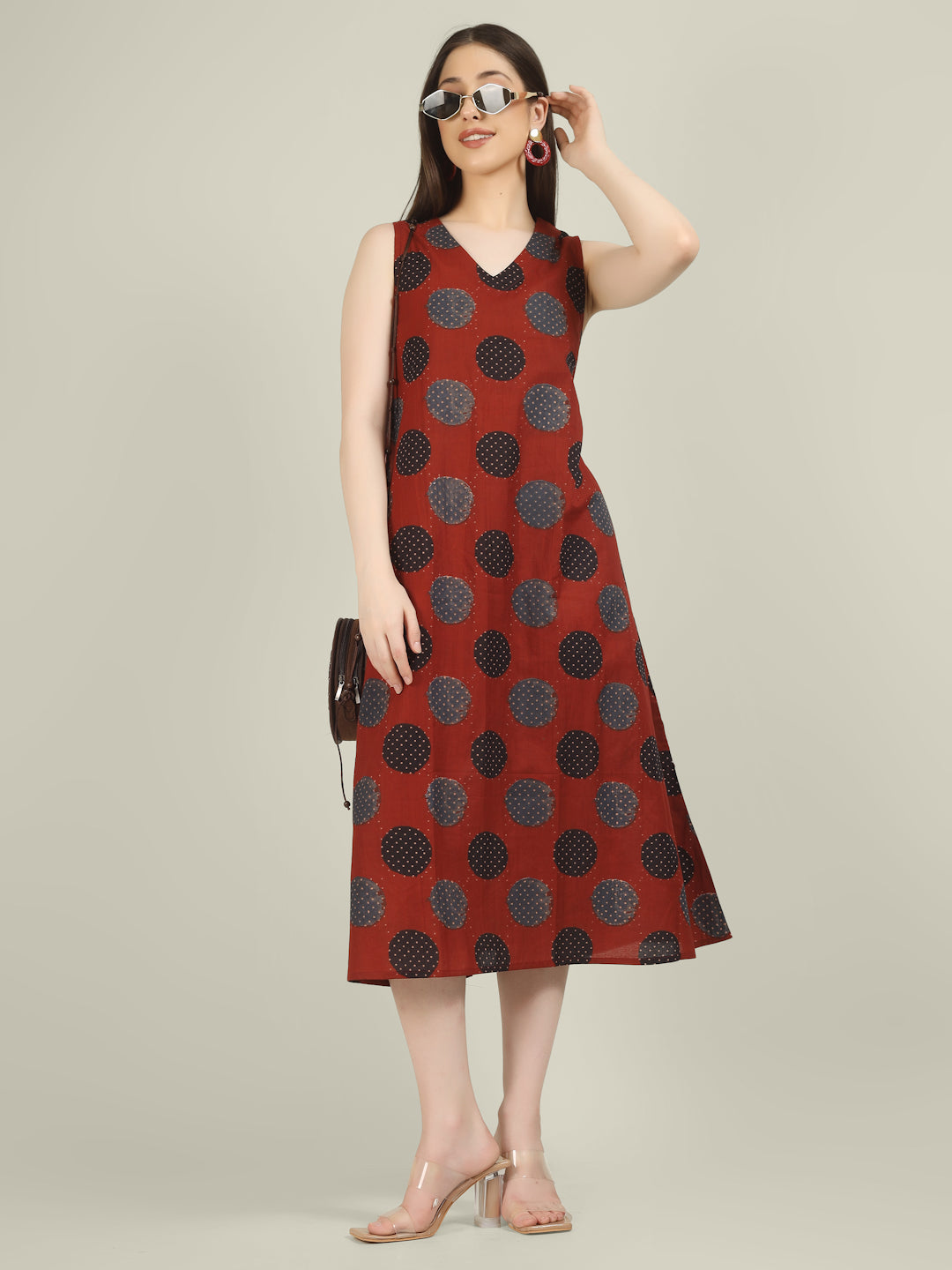 Maroon Printed V-Neck Sleeveless A-Line Cotton Dress