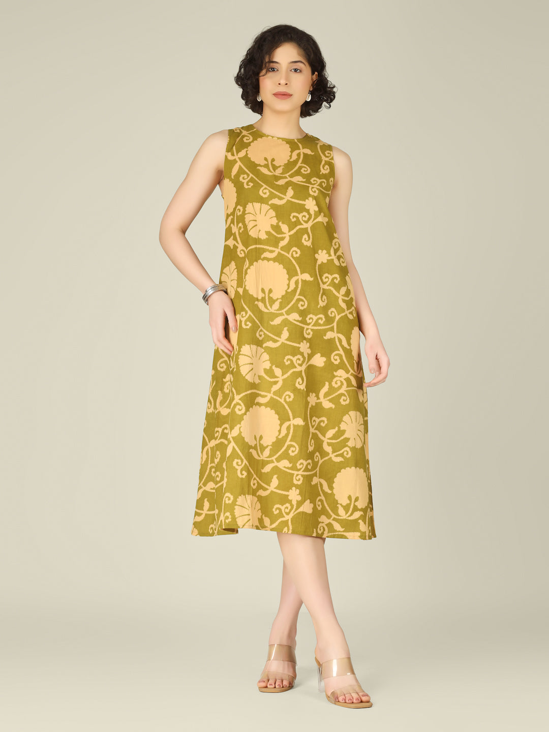 Green Printed Sleeveless A-Line Cotton Dress