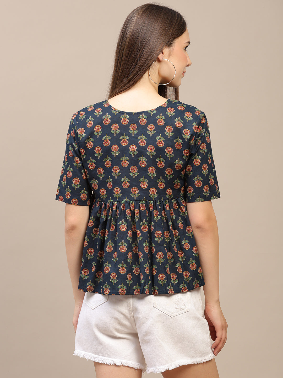 Navy Blue Printed Half-Sleeve Alia-Cut Cotton Top