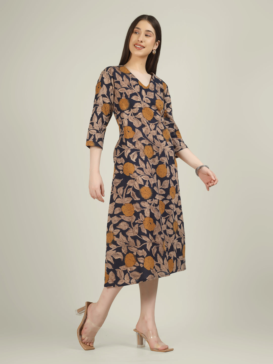 Blue Printed 3/4th Sleeve A-Line Cotton Dress
