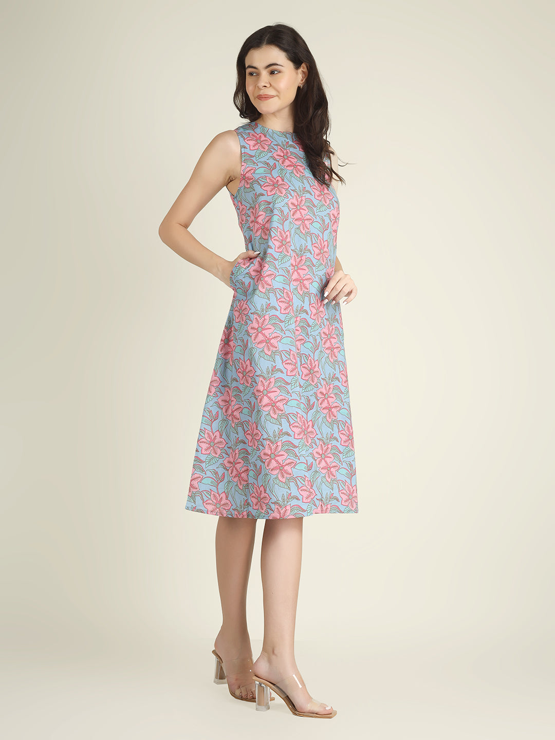 Sky Blue Printed Sleeveless A-Line Cotton Dress