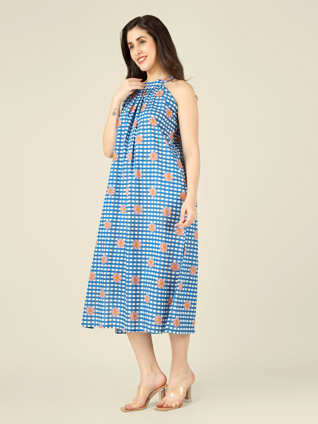 Blue Checked Halter Neck Long Sleeveless Cotton Dress
