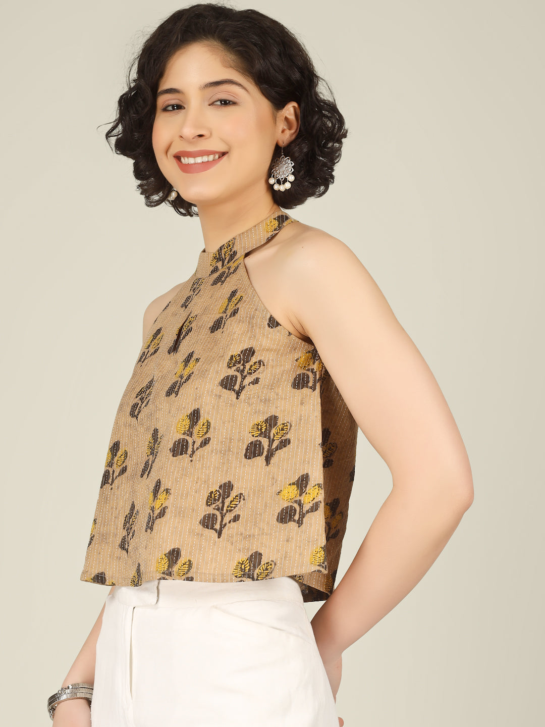 Beige Printed Halter Neck Sleeveless Cotton Top