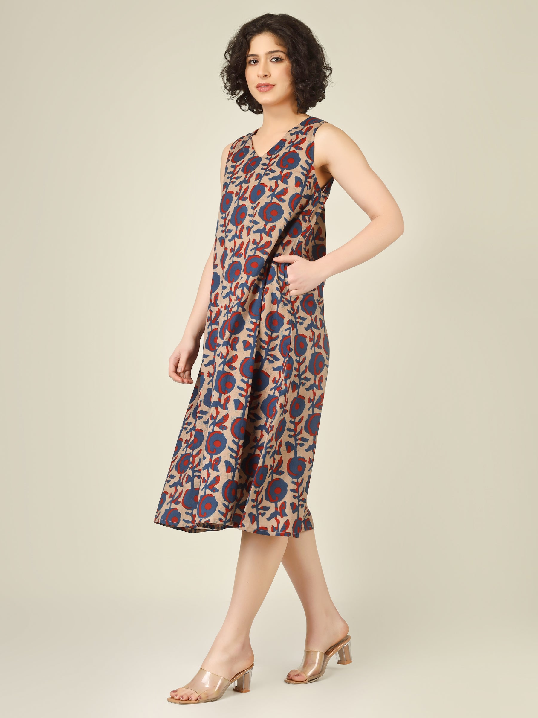 Beige Printed V-Neck Sleeveless A-Line Cotton Dress