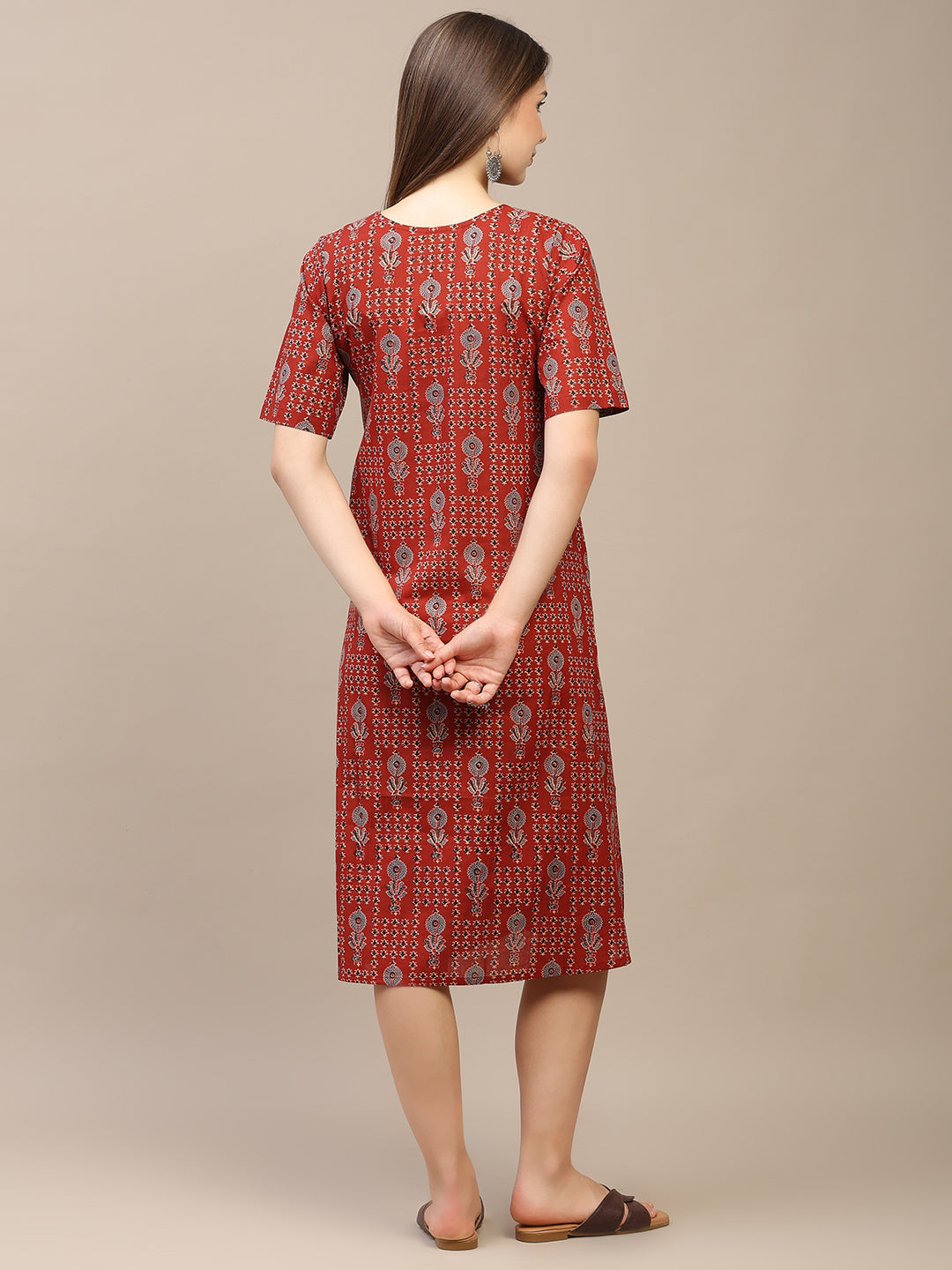 Red Printed Half-Sleeve A-Line Cotton Dress