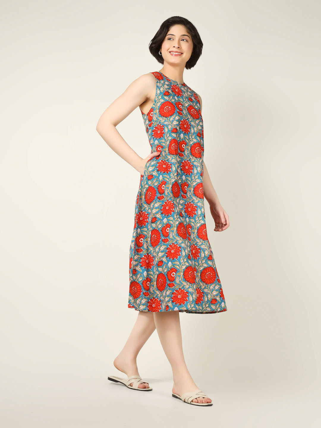 Blue Printed Sleeveless A-Line Cotton Dress