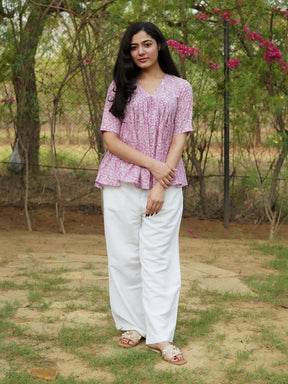 Pink Printed Half-Sleeve Alia Cut Cotton Top