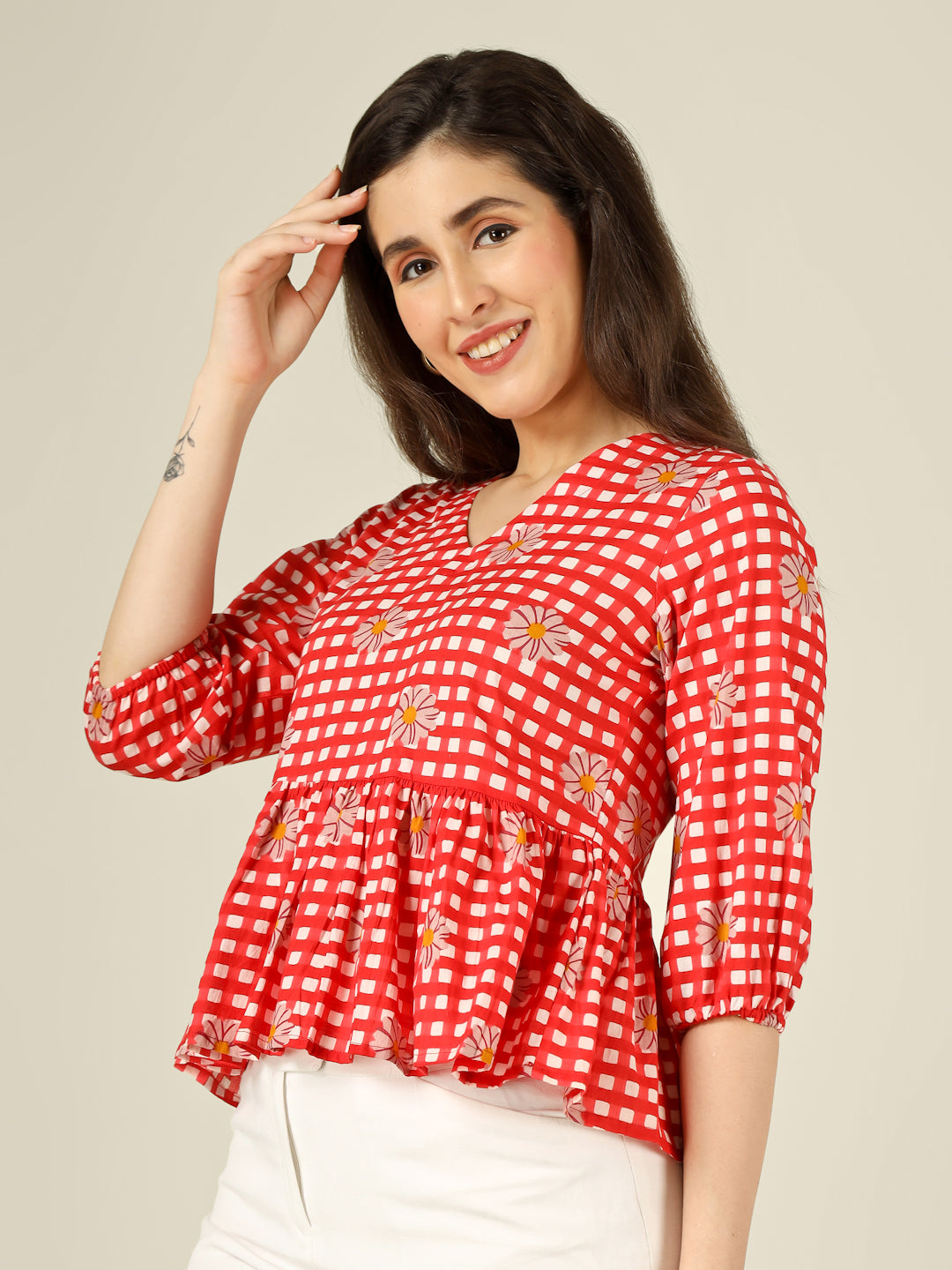 Red Checked Cotton Peplum Top