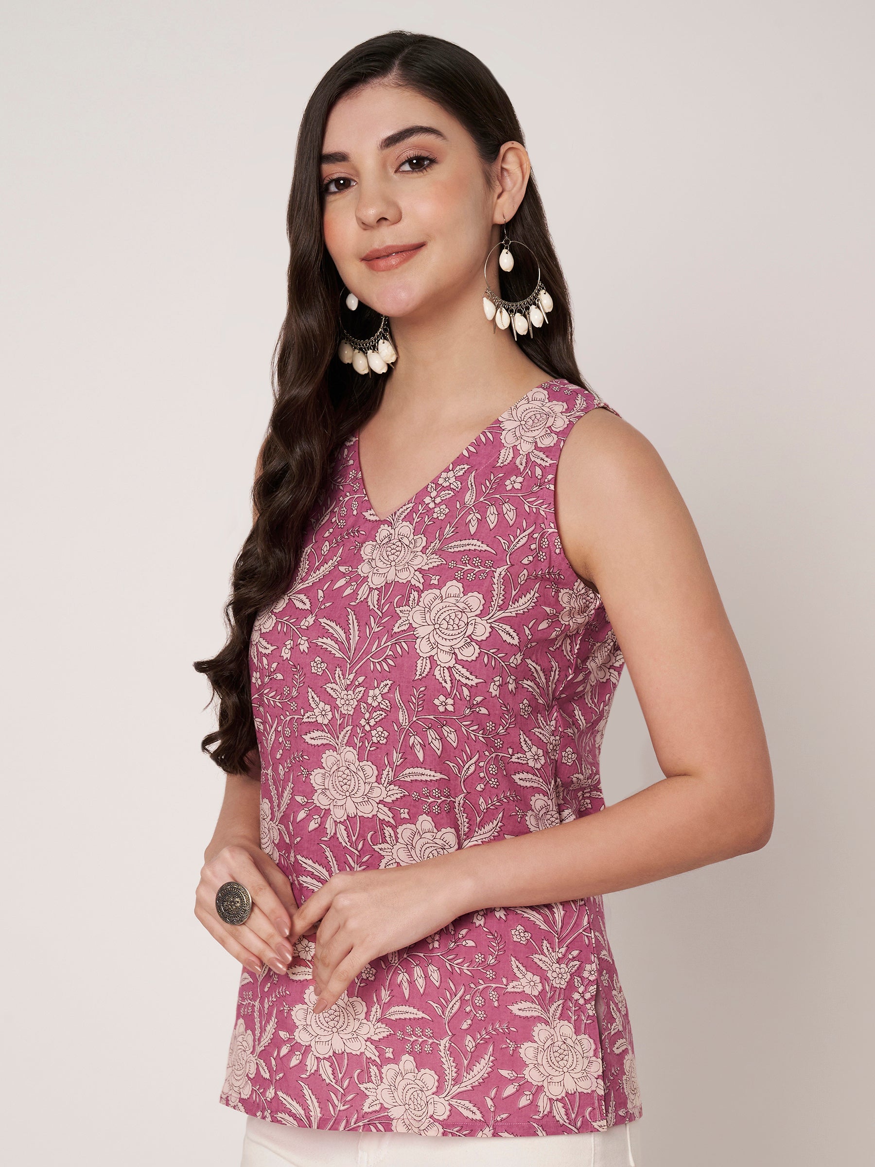 Pink Printed Sleeveless V-Neck Cotton Top