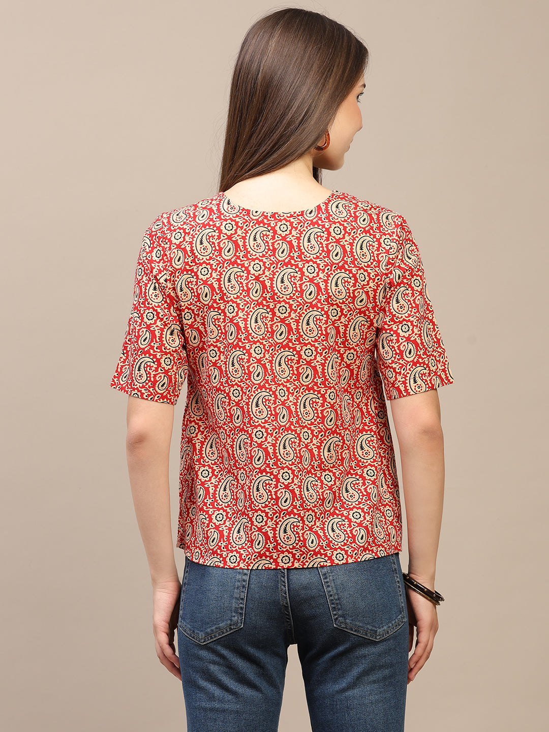 Red Printed Half-Sleeve Peplum Top