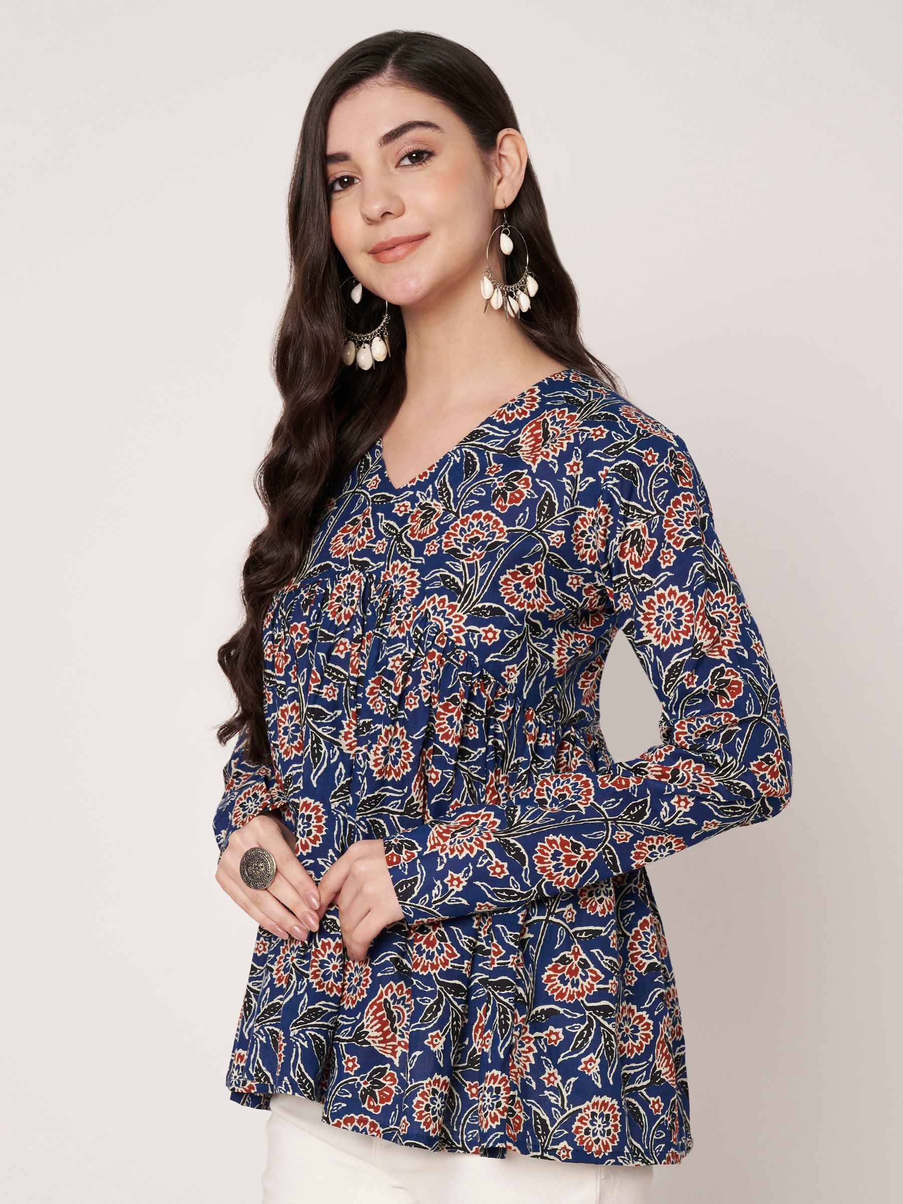 Blue Printed Alia-Cut Cotton Top