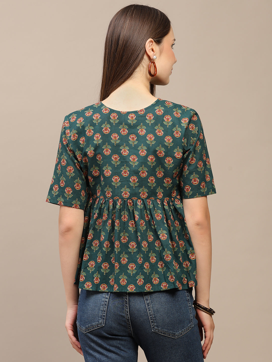 Dark Green Printed Half-Sleeve Alia-Cut Cotton Top