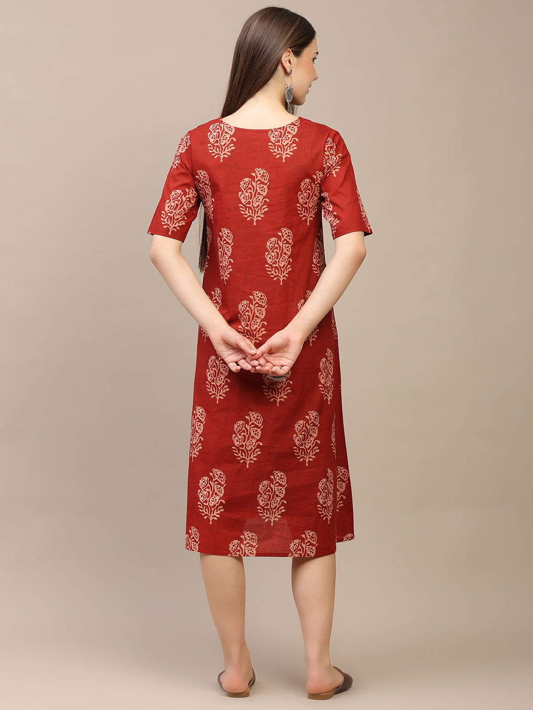 Red Printed Half-Sleeve A-Line Cotton Dress