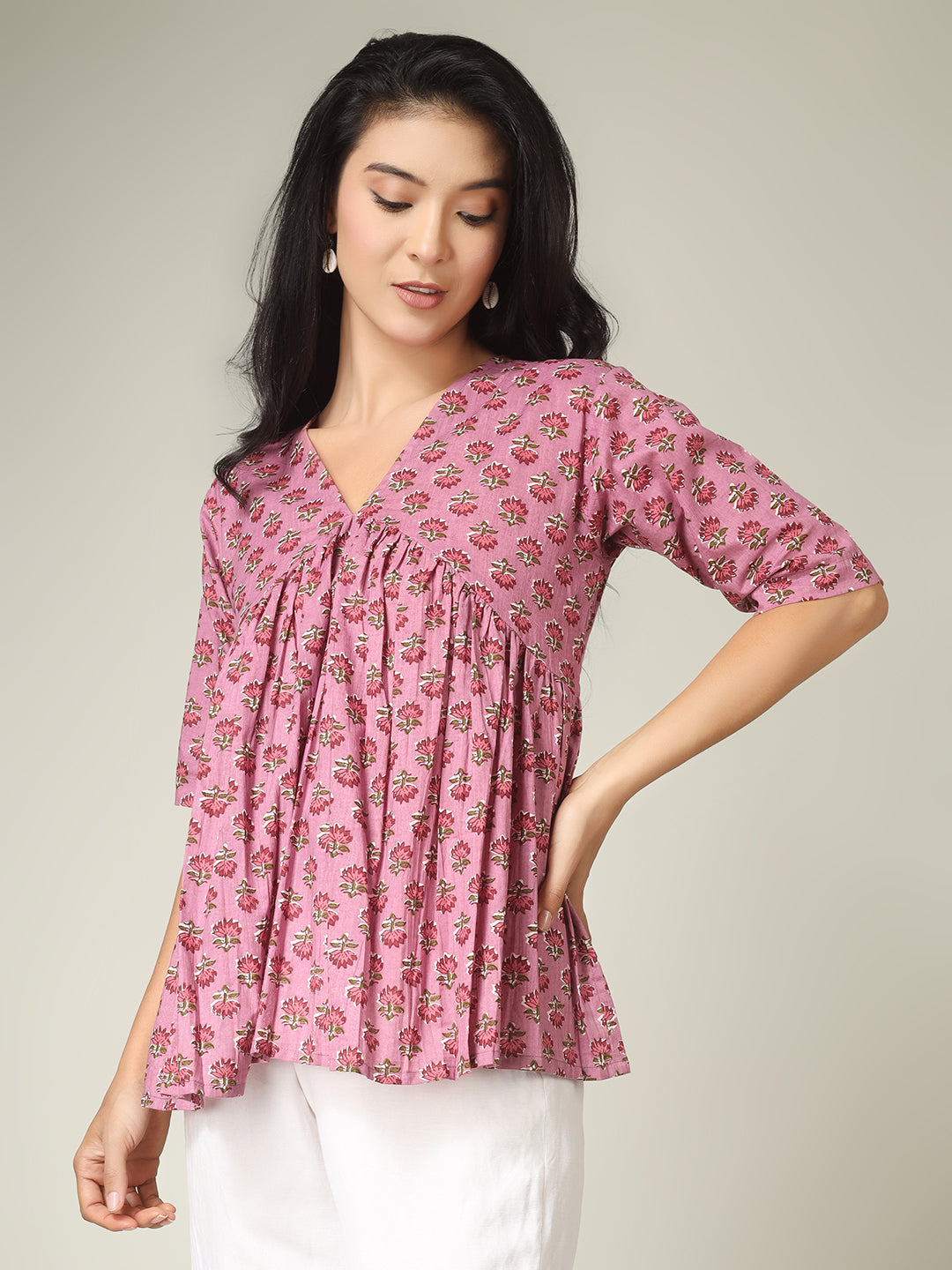 Pink Printed Half-Sleeve Alia-Cut Cotton Peplum Top