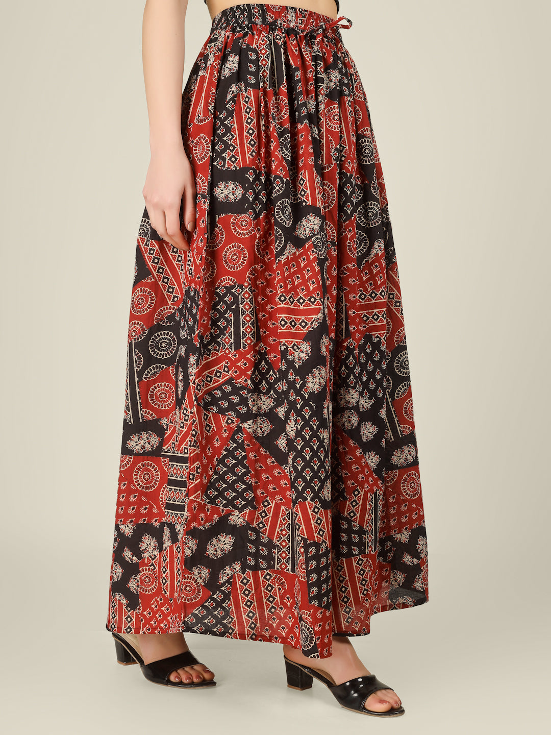 Red and Black Printed Cotton Maxi Skirt