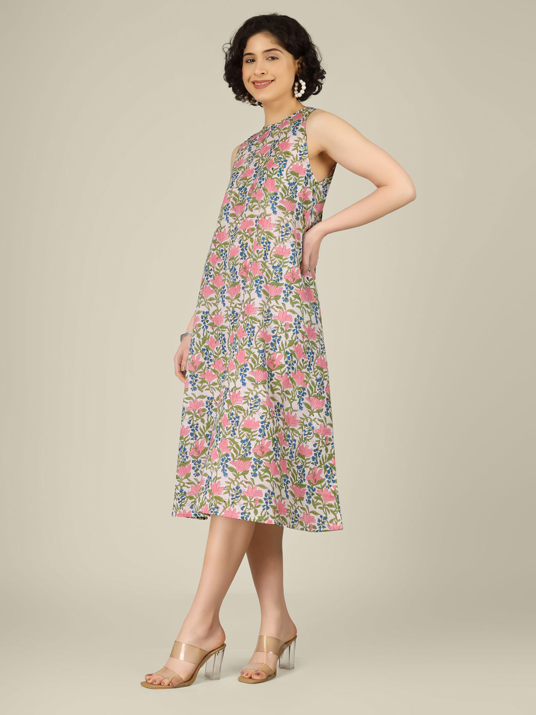 White Printed Sleeveless A-Line Cotton Dress