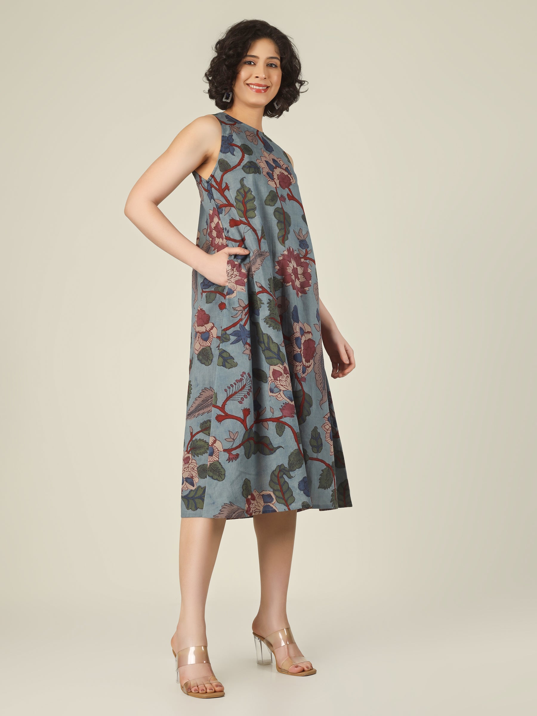 Slate Blue Printed Sleeveless A-Line Cotton Dress