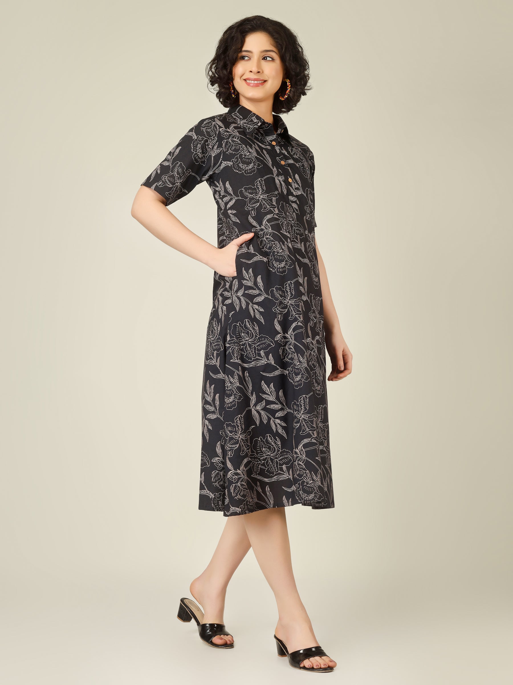 Black Printed A-Line Cotton Shirt Dress