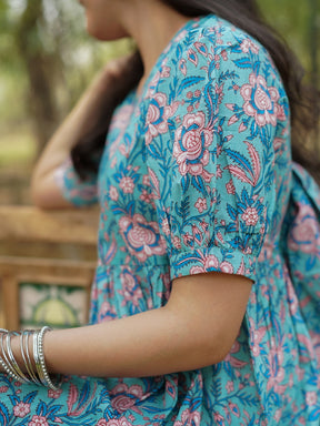 Sea Green Printed Long Cotton Dress