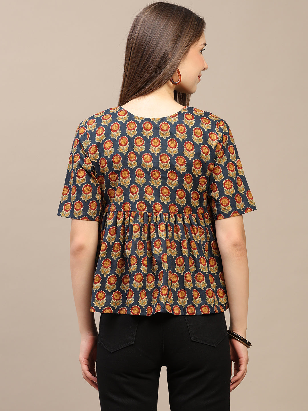 Navy Blue Printed Half-Sleeve Alia-Cut Cotton Top