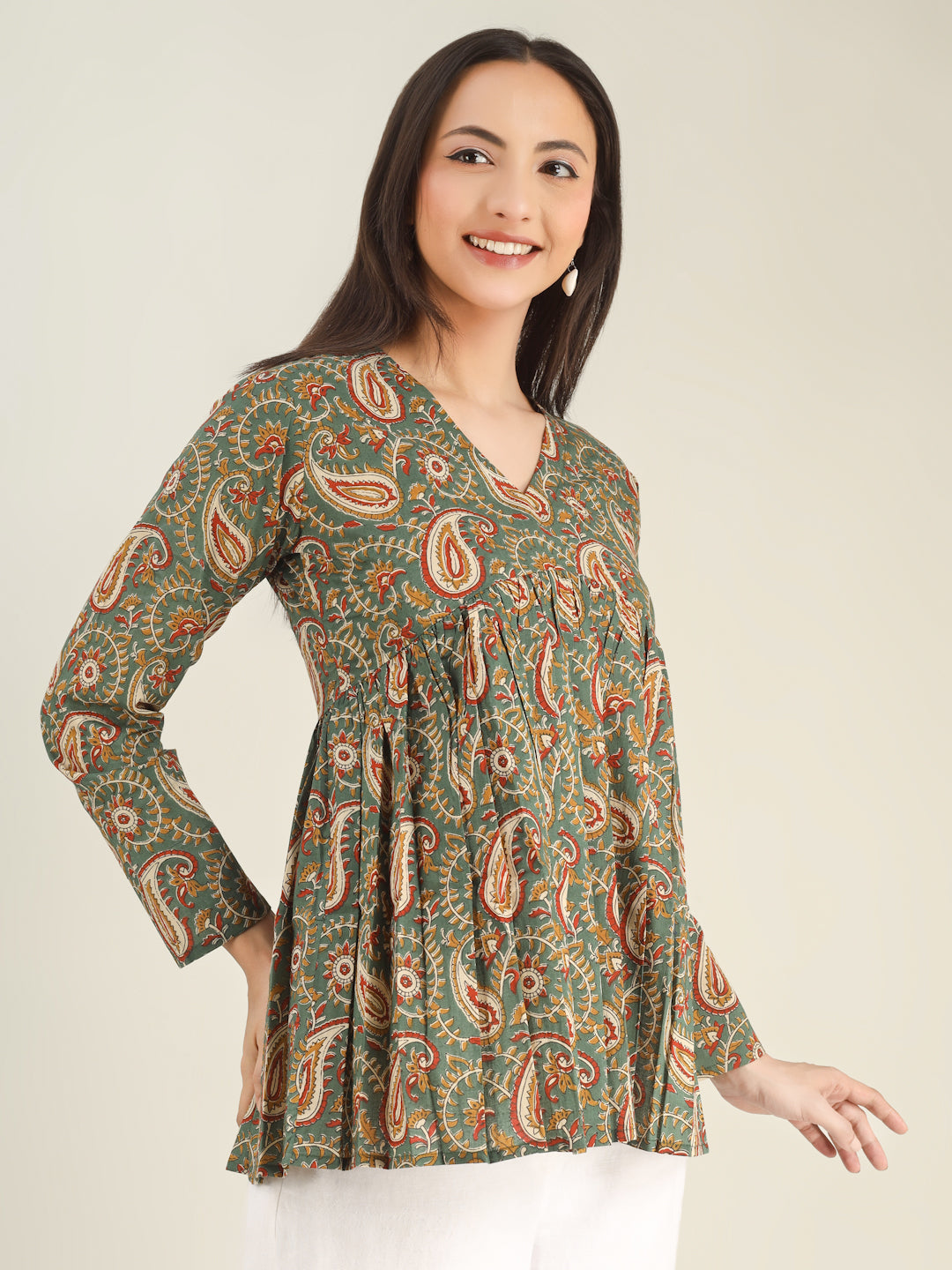 Green Printed Full-Sleeves Alia-Cut Cotton Top