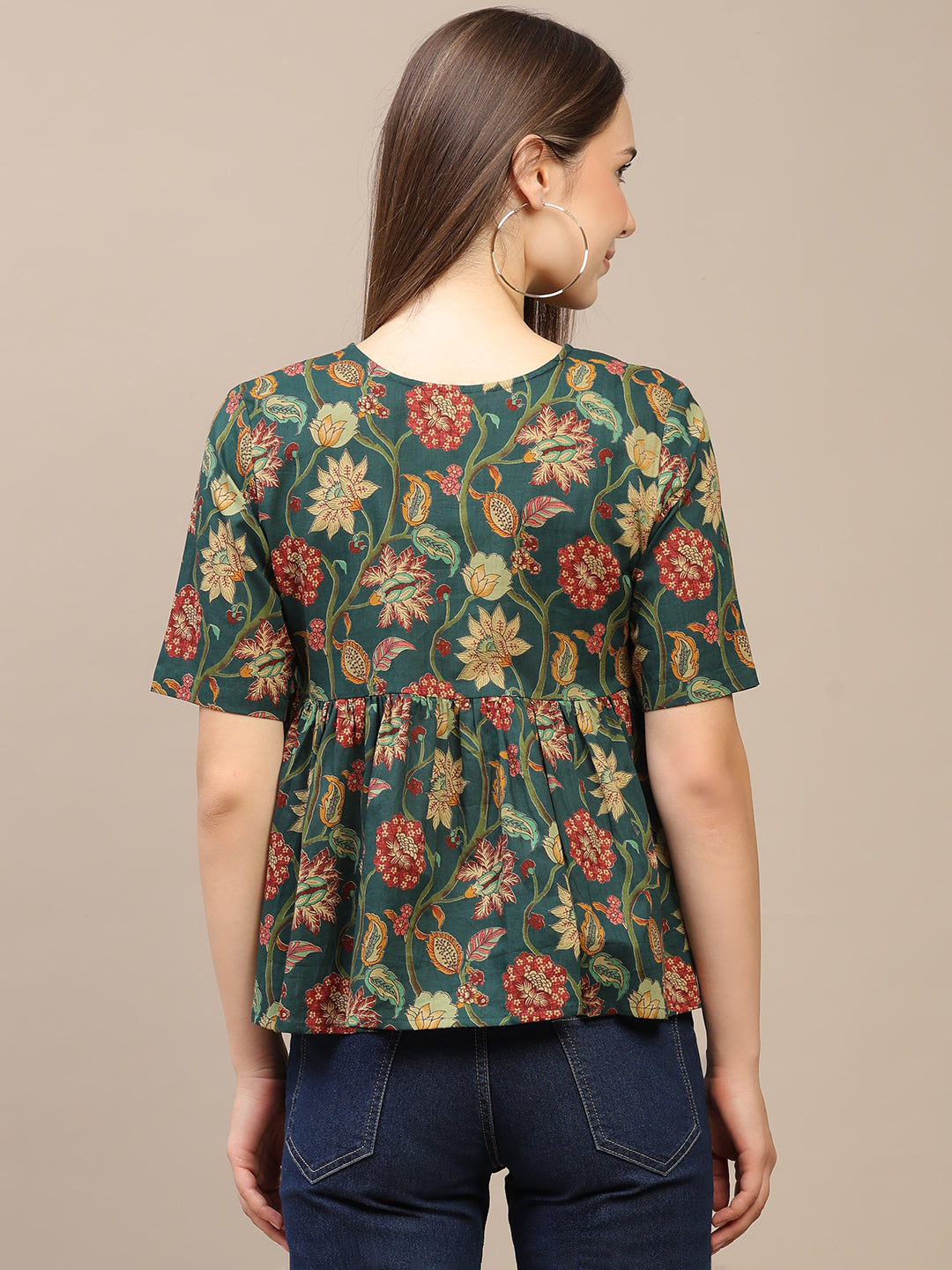 Green Printed Half-Sleeve Alia-Cut Cotton Top