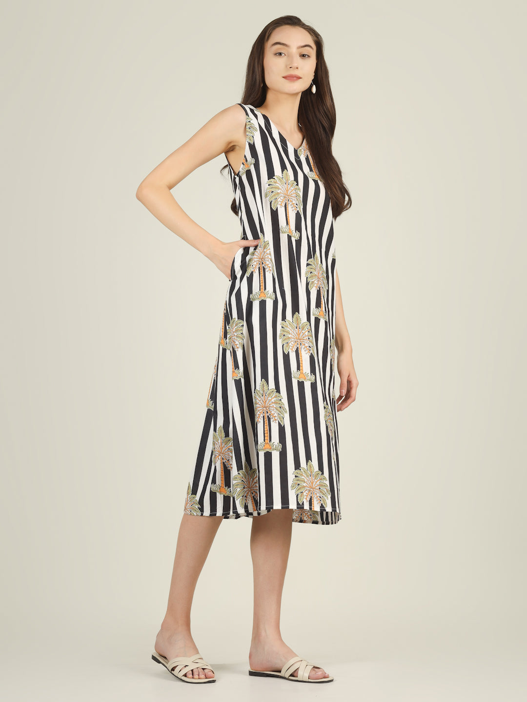 Black Striped V-Neck Sleeveless A-Line Cotton Dress