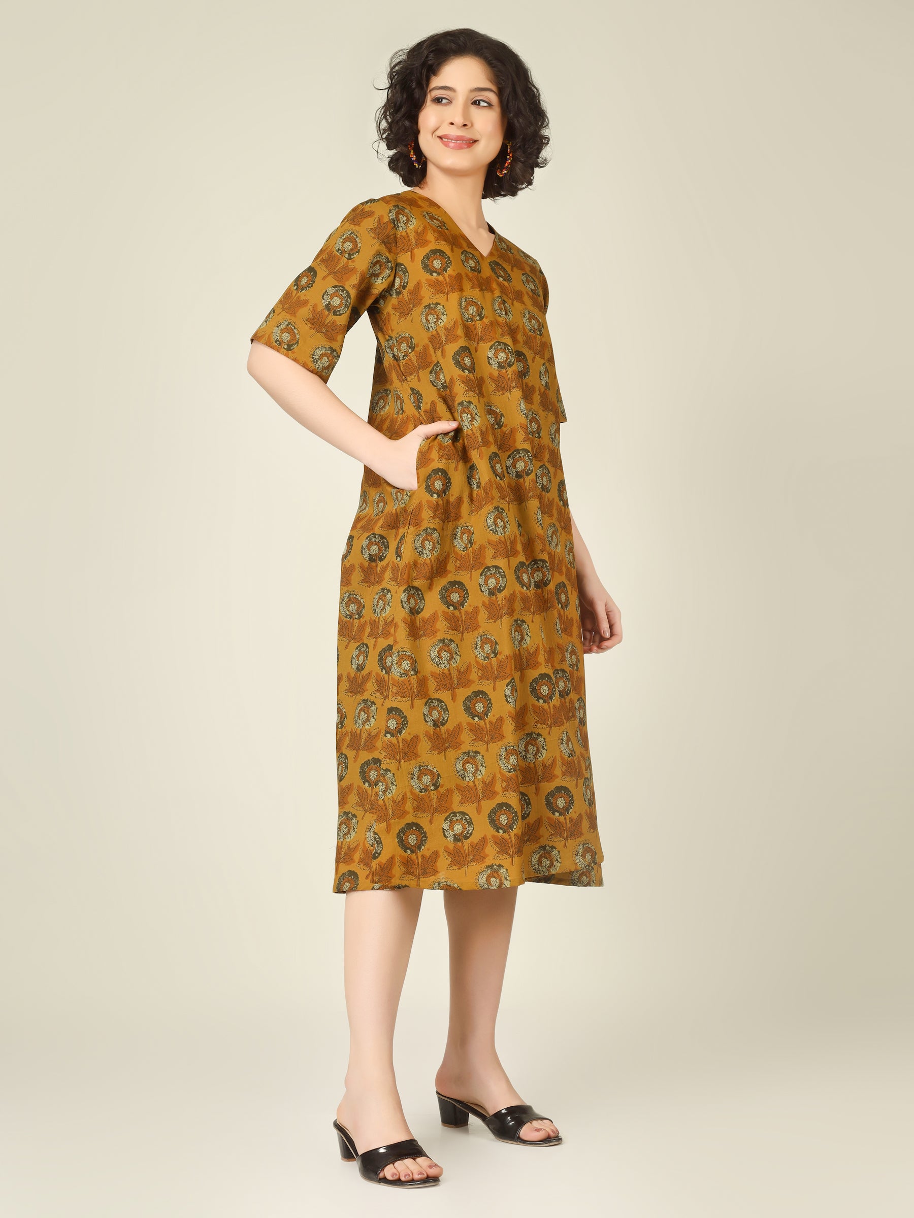 Mustard Printed Half-Sleeve A-Line Cotton Dress