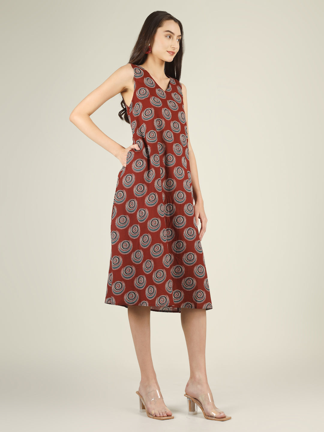 Maroon Printed V-Neck Sleeveless A-Line Cotton Dress