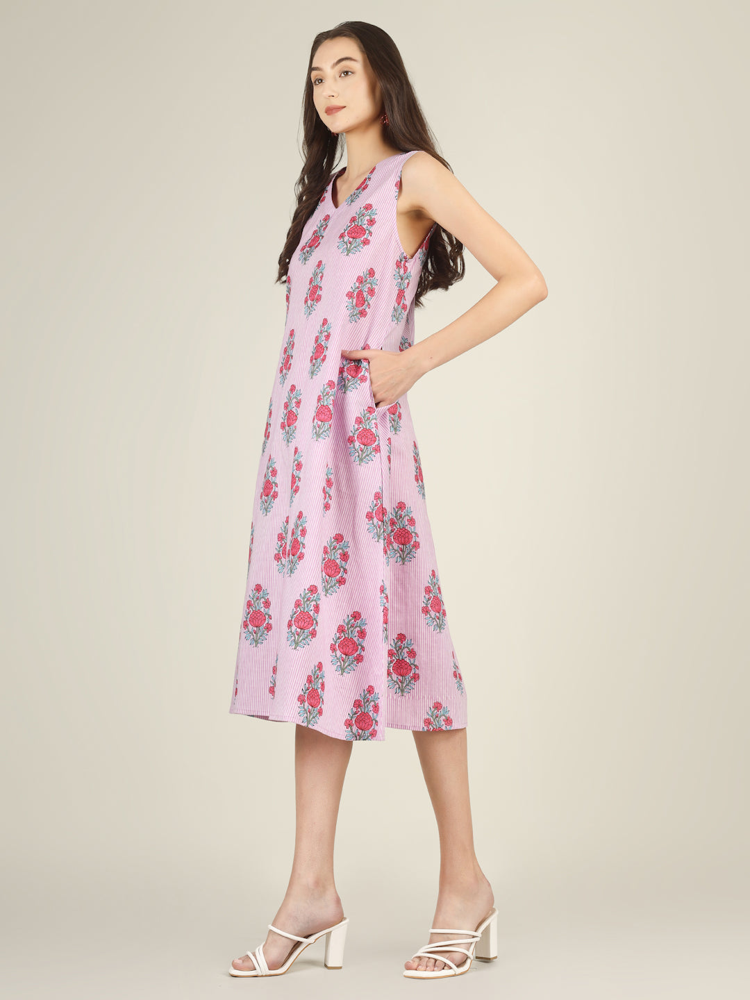 Baby Pink Striped V-Neck Sleeveless A-Line Cotton Dress