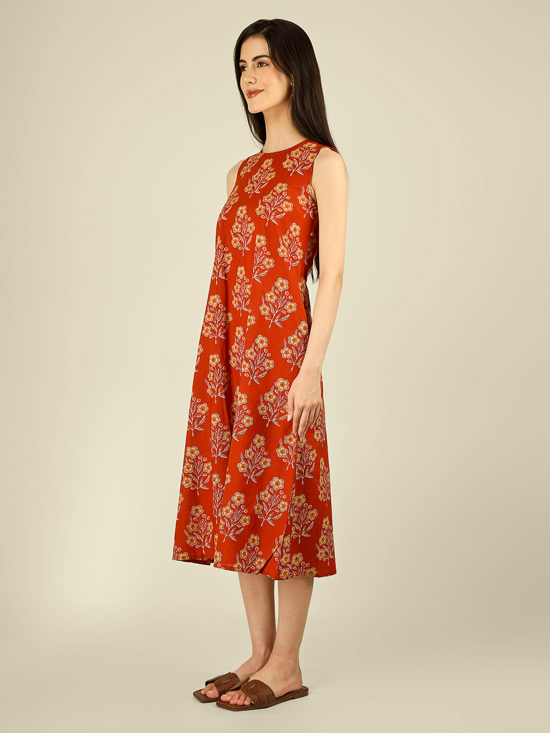 Orange Printed Sleeveless A-Line Cotton Dress