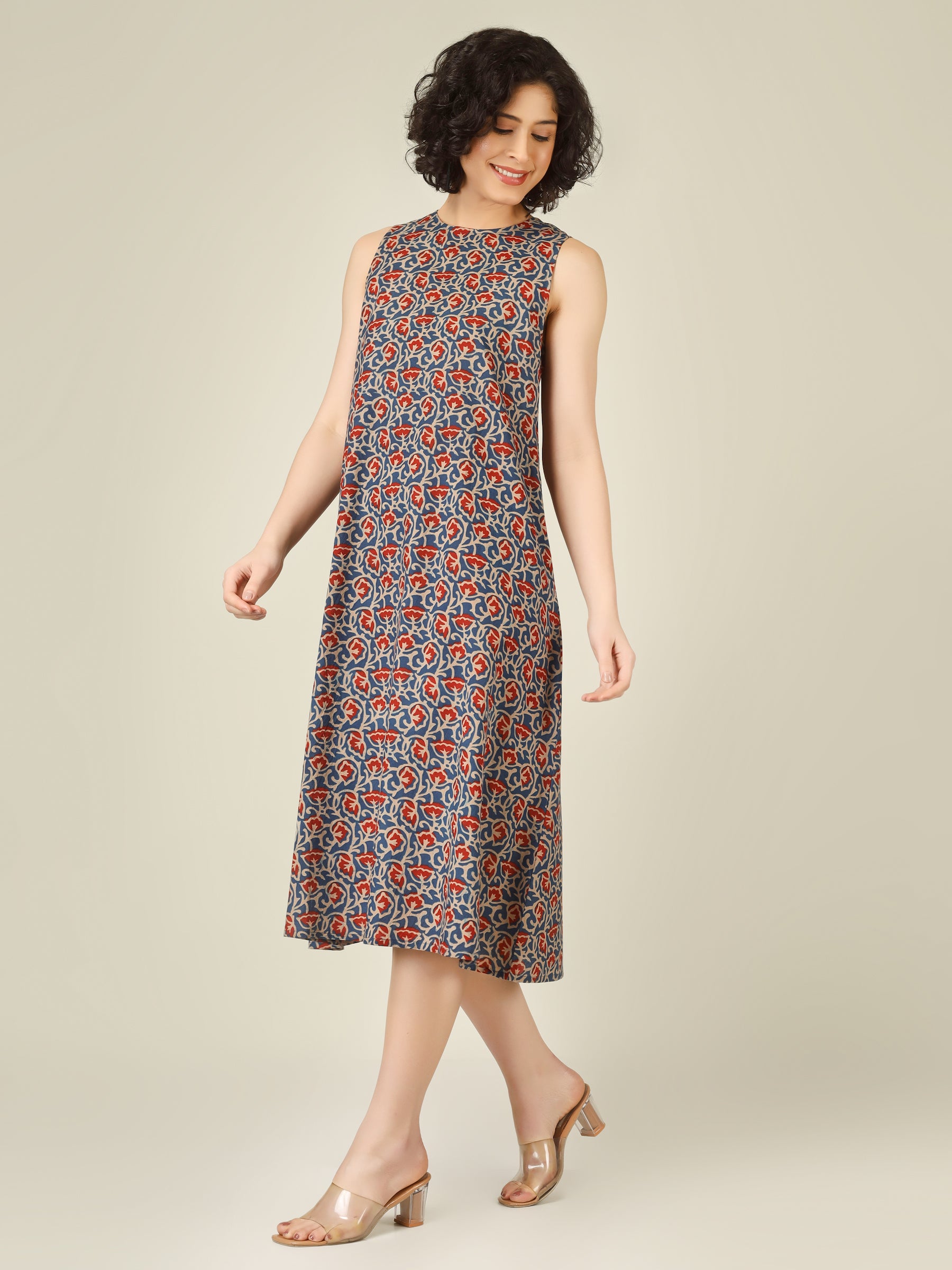 Blue Printed Sleeveless A-Line Cotton Dress