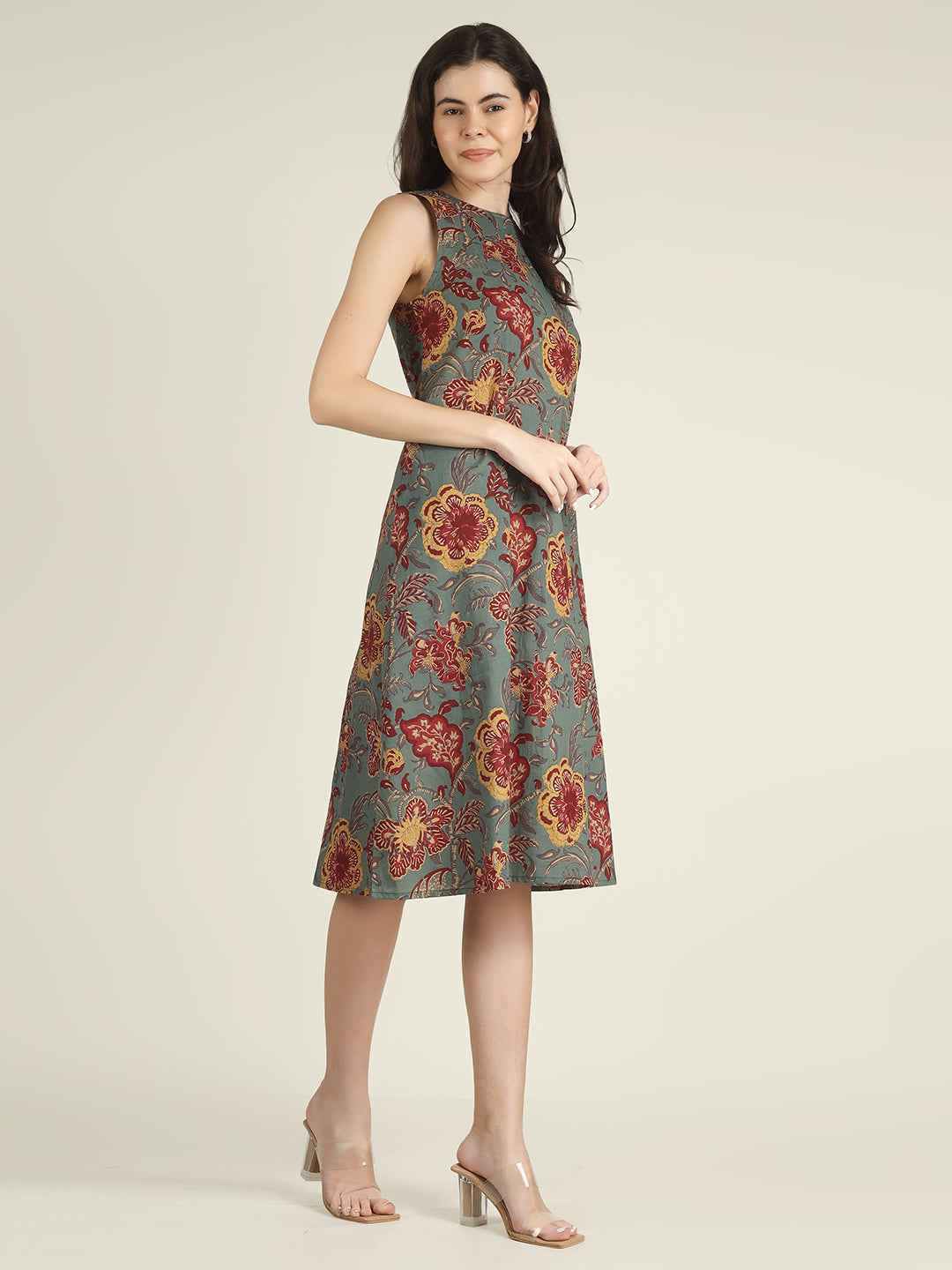 Green Printed Sleeveless A-Line Cotton Dress