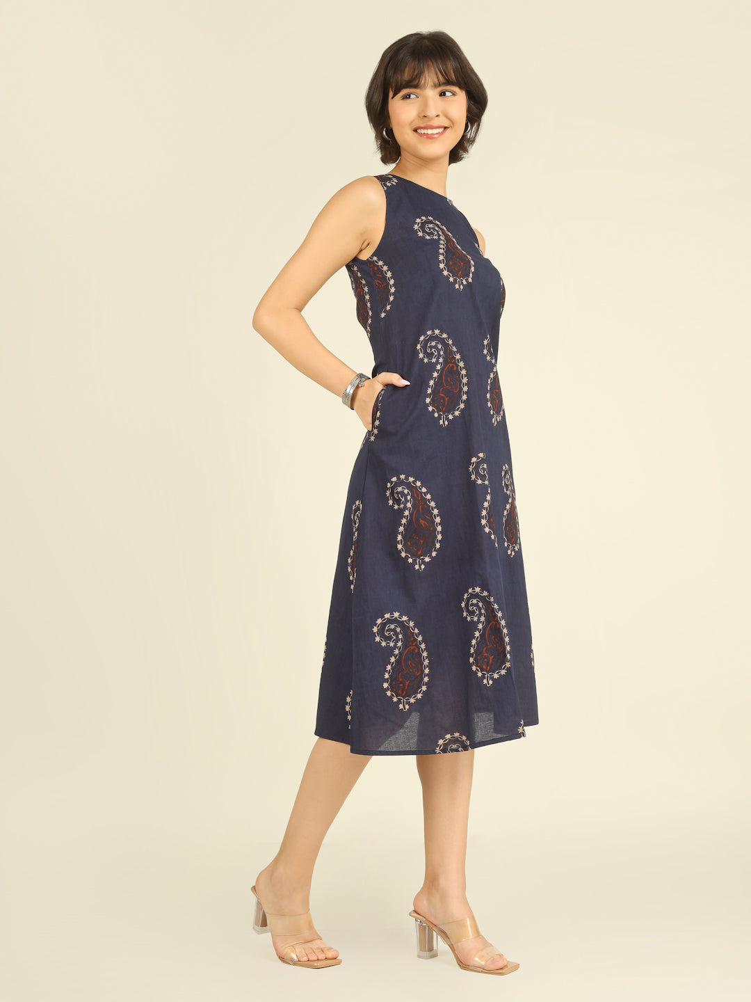 Navy Blue Printed Sleeveless A-Line Cotton Dress