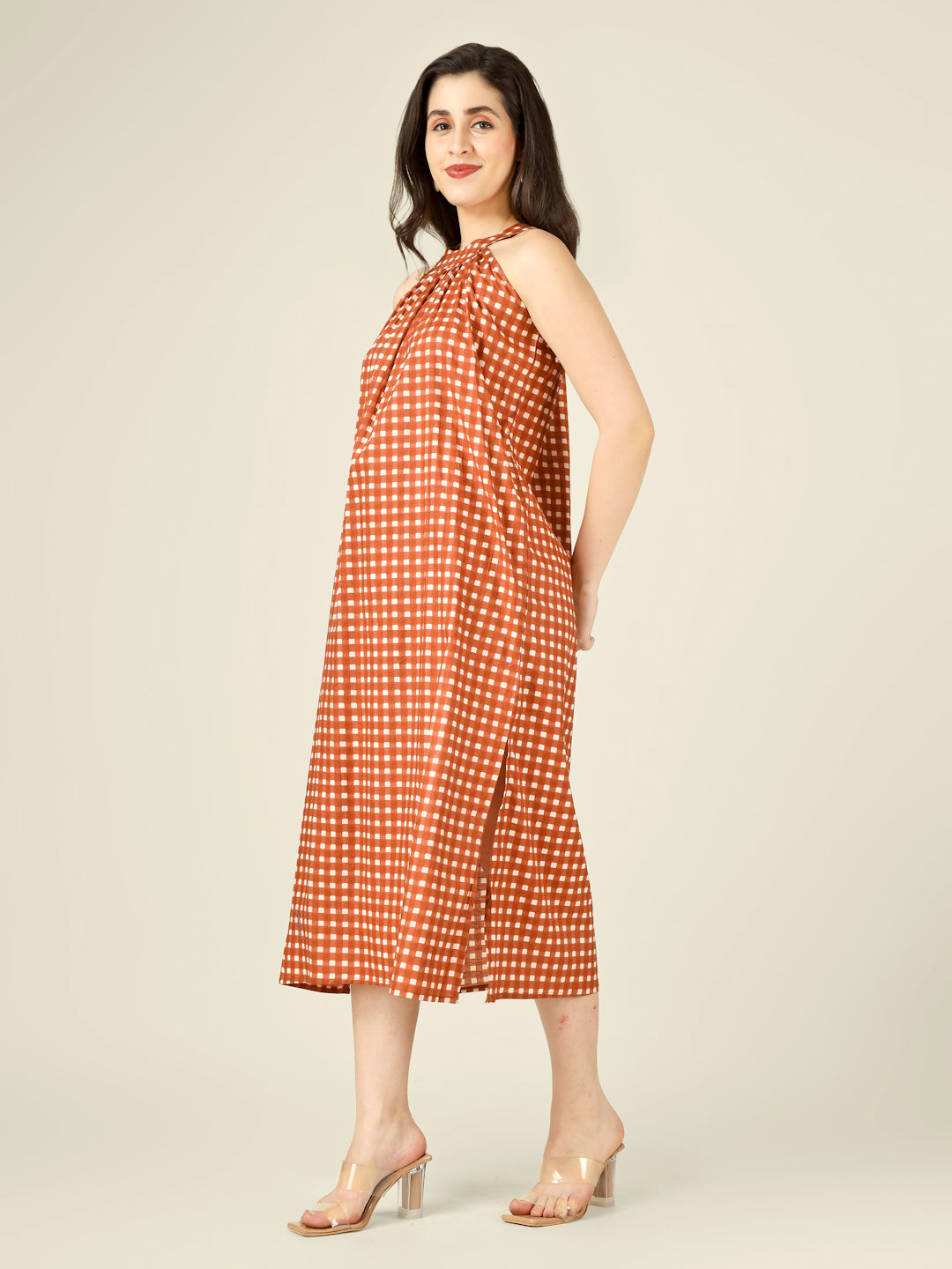 Brown Checked Halter Neck Long Sleeveless Cotton Dress