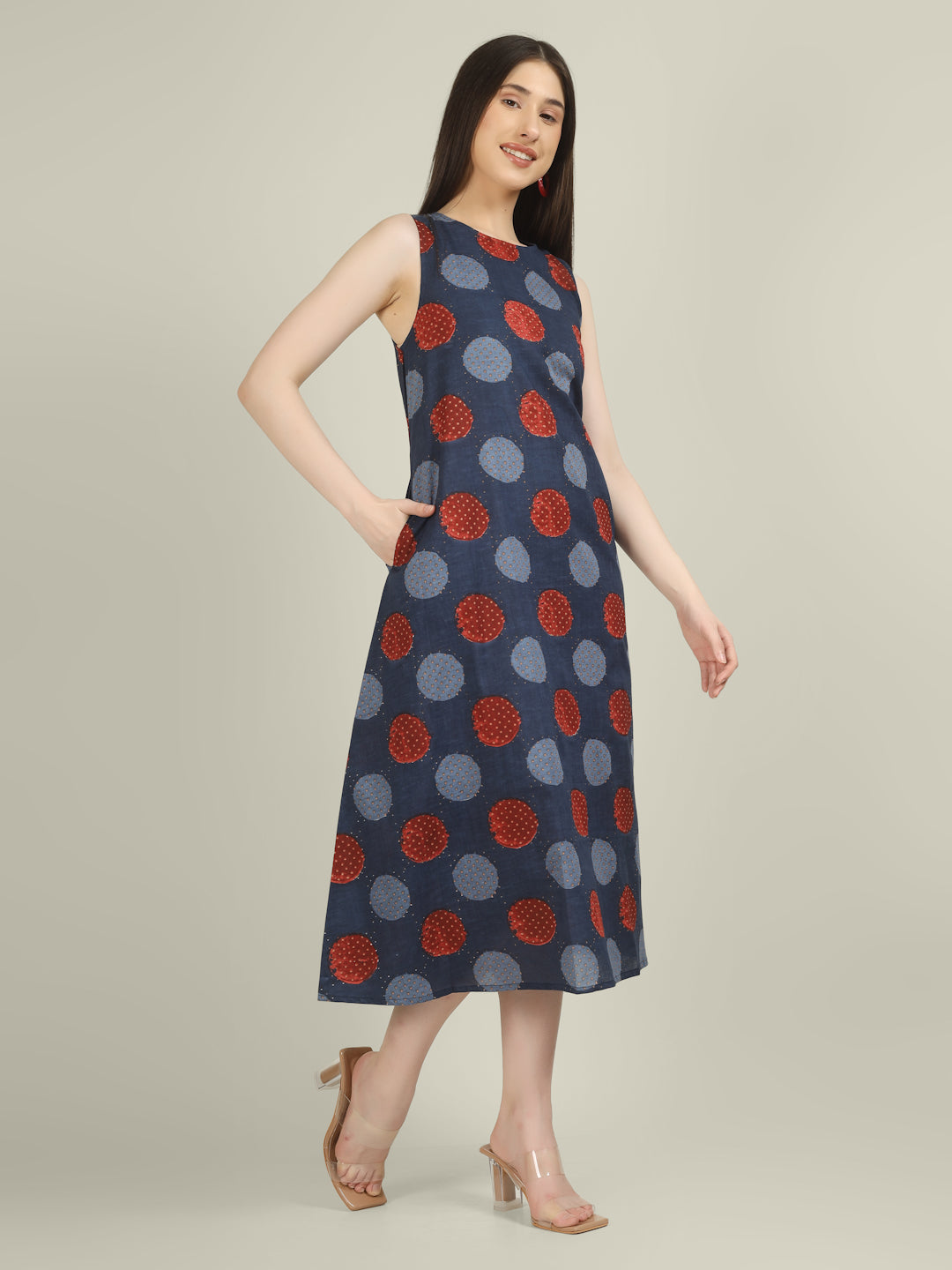 Blue Printed Sleeveless A-Line Cotton Dress