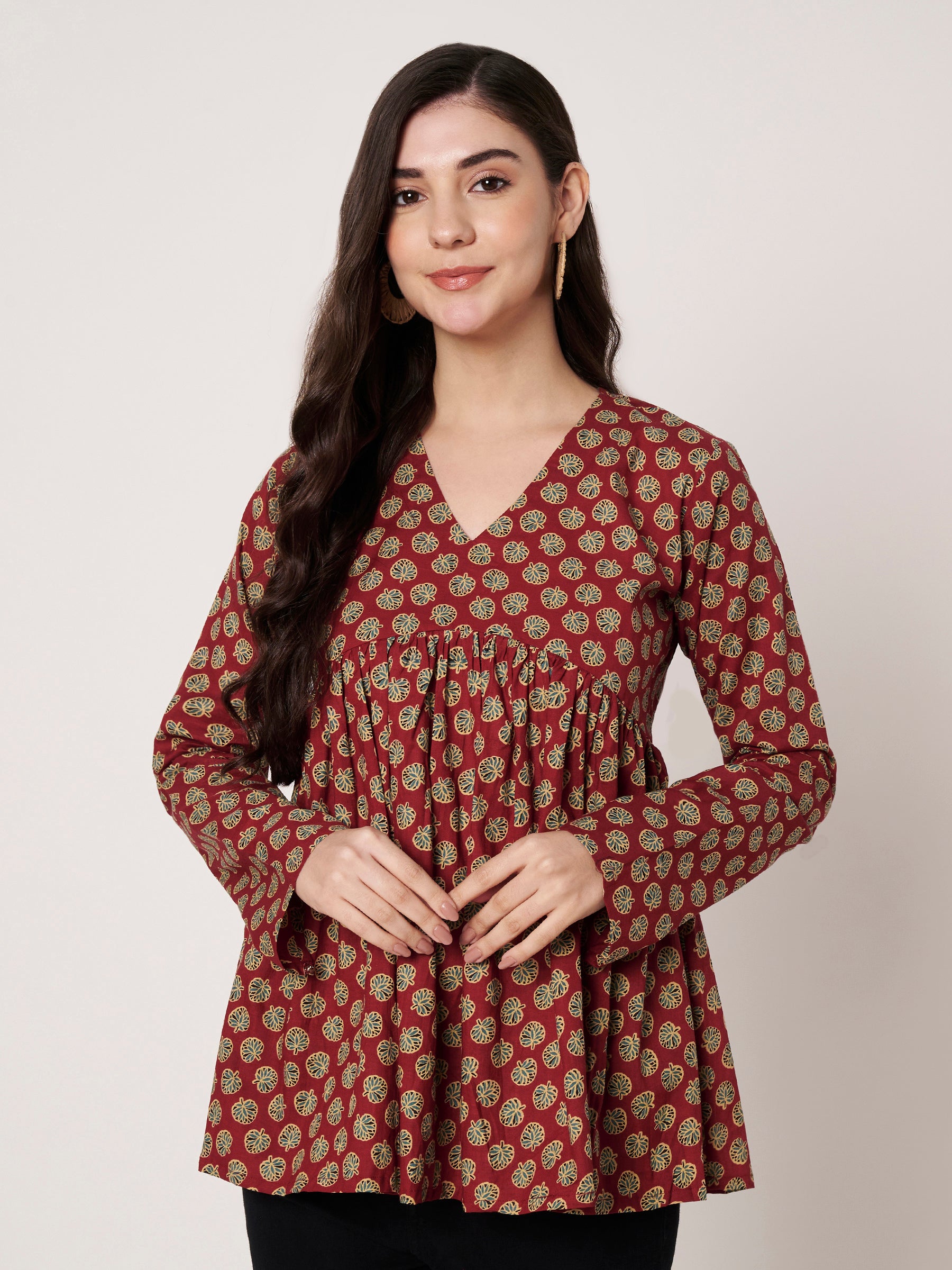Maroon Printed Alia-Cut Cotton Top