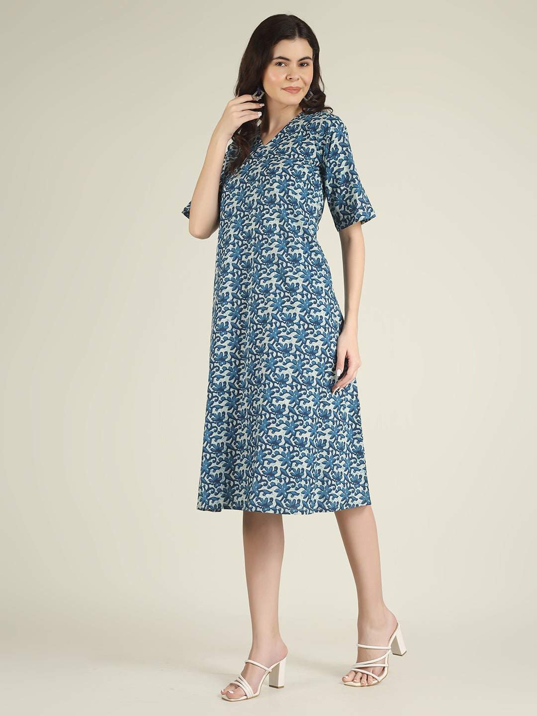 Blue Printed Half-Sleeve A-Line Cotton Dress