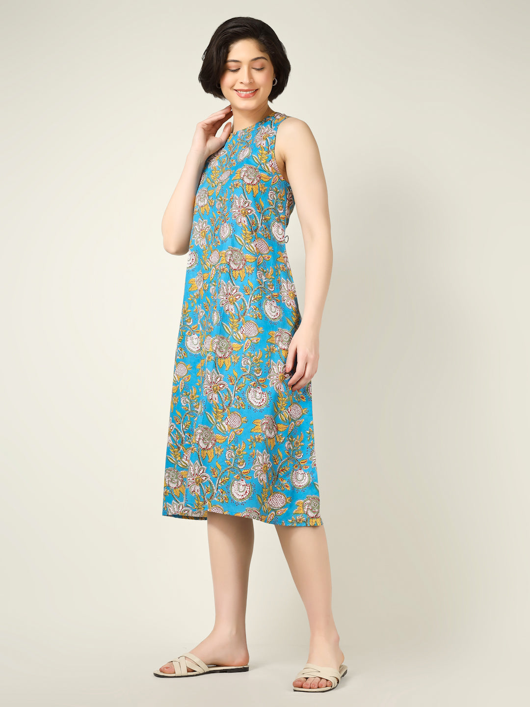 Sky Blue Printed Sleeveless A-Line Cotton Dress